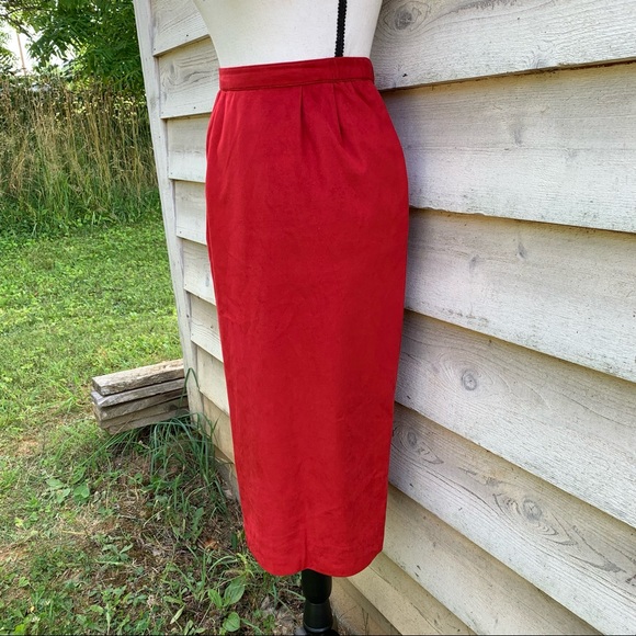 Vintage 80s Red Vegan Faux Suede Leather High Waisted Fitted Midi Pencil Skirt - Picture 3 of 16